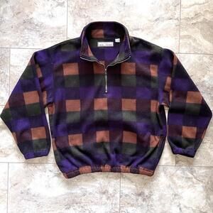 Vintage M.E. Sport Sweatshirt 1/4 Zip Pullover Fleece Mock Neck Sz XL Plaid